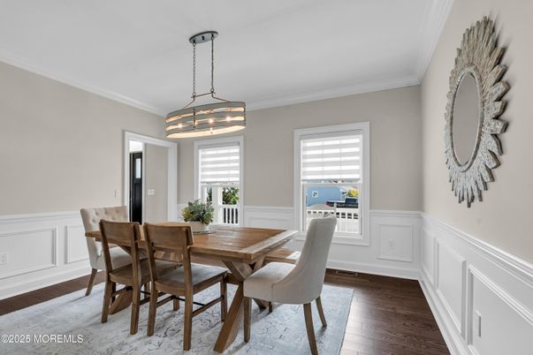 Dining room, Interior, Pendant Lights, Wood Texture Flooring