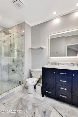 Bathroom, Glass Shower, Interior, Marble, Marble Walls, Recessed Lighting