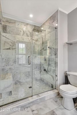 Bathroom, Glass Shower, Interior, Marble, Marble Walls, Recessed Lighting