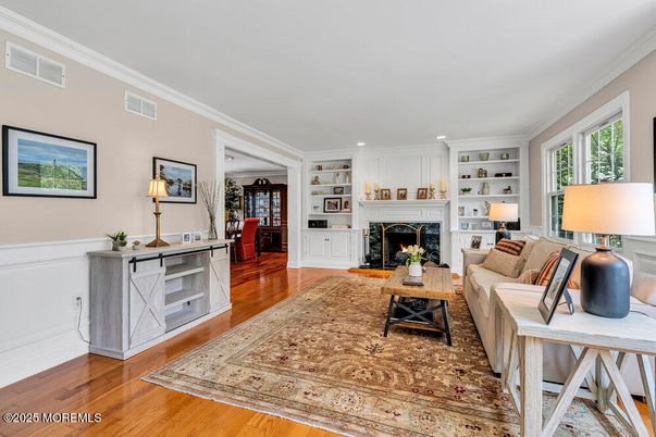 Fireplace, Interior, Living room, Recessed Lighting, Wood Texture Flooring