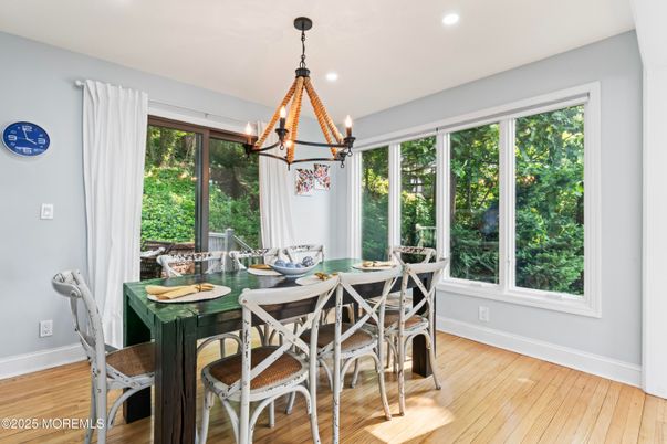 Dining room, Interior, Pendant Lights, Recessed Lighting, Wood Texture Flooring