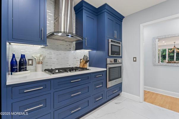 Interior, Kitchen, Marble, Recessed Lighting, Stainless Steel Appliances, Wood Texture Flooring