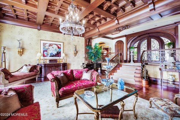 Chandelier, Interior, Living room, Wooden Beams, Wood Texture Flooring