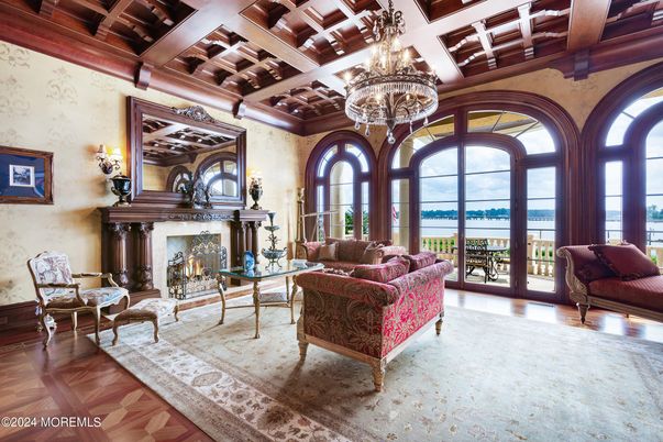 Chandelier, Fireplace, Interior, Living room, Water, Wooden Beams, Wood Texture Flooring