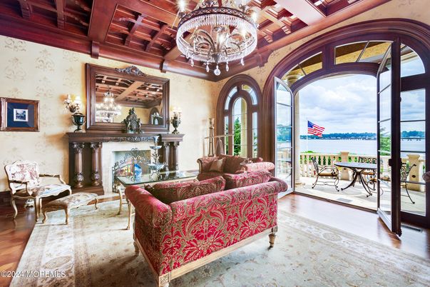 Chandelier, Fireplace, Interior, Living room, Water, Wooden Beams, Wood Texture Flooring