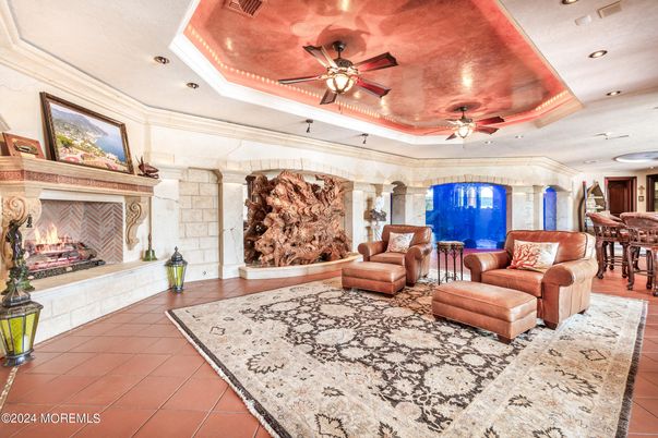 Fireplace, Interior, Living room, Recessed Lighting, Stone Walls