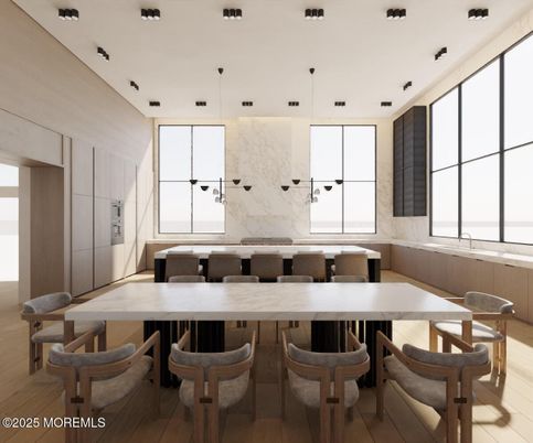 Dining room, Interior, Marble Walls, Pendant Lights, Wood Texture Flooring