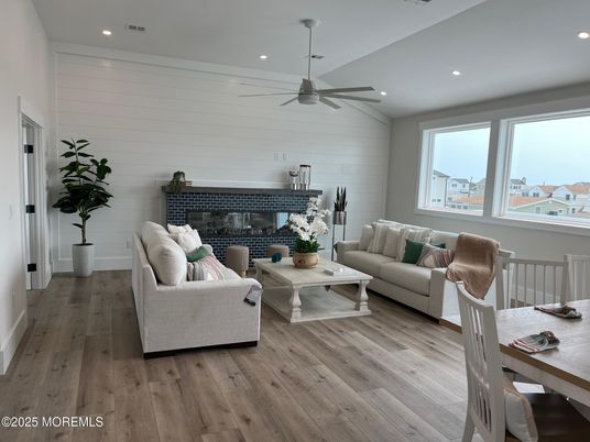 Dining room, Interior, Living room, Recessed Lighting, Wood Texture Flooring