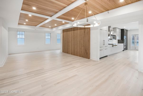 Empty room, Interior, Kitchen, Pendant Lights, Recessed Lighting, Stainless Steel Appliances, Wooden Ceilings, Wood Texture Flooring