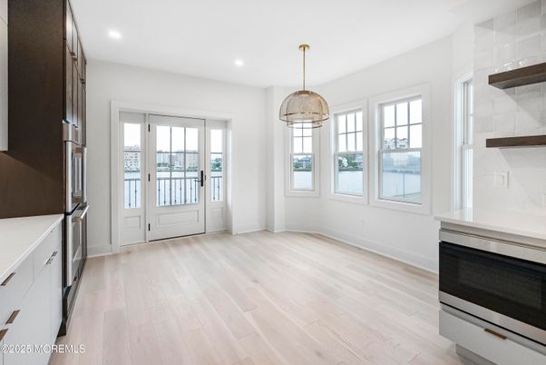 Empty room, Interior, Kitchen, Pendant Lights, Recessed Lighting, Wood Texture Flooring