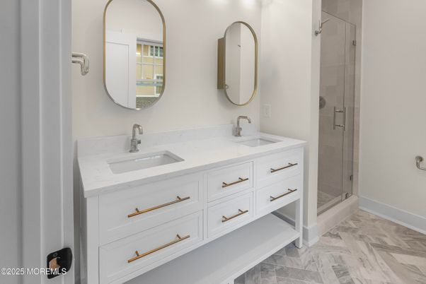 Bathroom, Dual Sink Vanities, Glass Shower, Interior, Marble