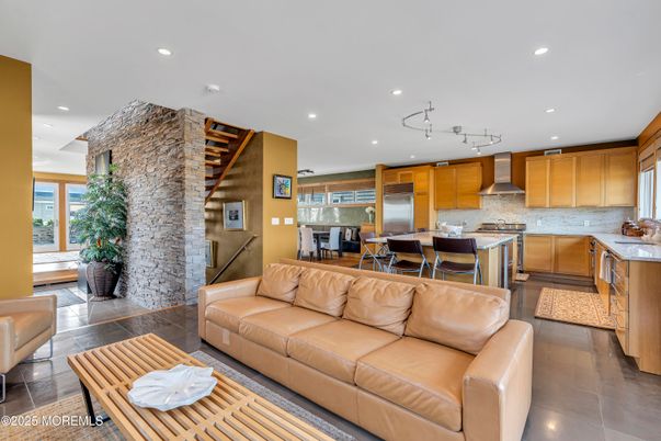 Interior, Kitchen, Living room, Recessed Lighting, Stainless Steel Appliances, Stone Walls