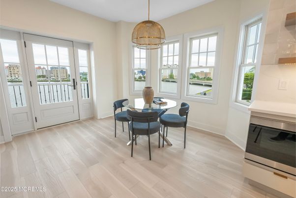 Dining room, Interior, Pendant Lights, Wood Texture Flooring