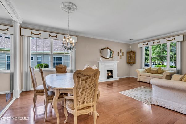 Chandelier, Dining room, Fireplace, Interior, Living room, Wood Texture Flooring
