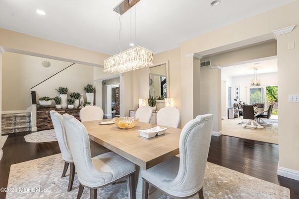 Chandelier, Dining room, Interior, Recessed Lighting, Wood Texture Flooring
