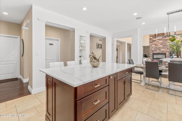 Dining room, Fireplace, Interior, Kitchen, Pendant Lights, Recessed Lighting, Wood Texture Flooring