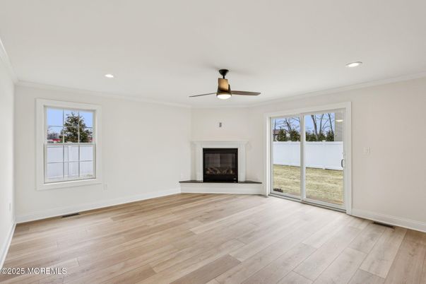 Empty room, Fireplace, Interior, Recessed Lighting, Wood Texture Flooring