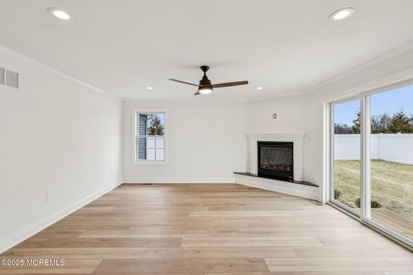 Empty room, Fireplace, Interior, Recessed Lighting, Wood Texture Flooring