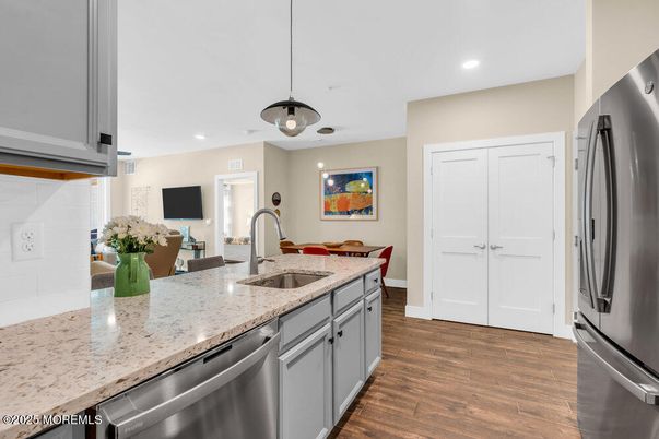 Interior, Kitchen, Pendant Lights, Recessed Lighting, Stainless Steel Appliances, Wood Texture Flooring
