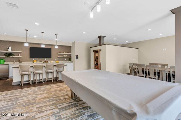 Billiard Table, Dining room, Game Room, Interior, Kitchen, Pendant Lights, Recessed Lighting, Wood Texture Flooring