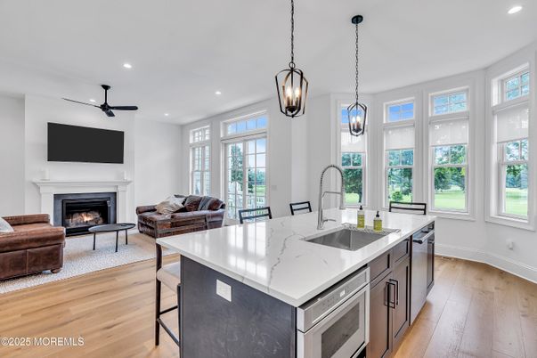 Fireplace, Interior, Kitchen, Living room, Pendant Lights, Recessed Lighting, Wood Texture Flooring