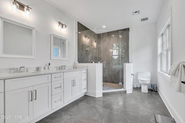 Bathroom, Dual Sink Vanities, Glass Shower, Interior, Recessed Lighting
