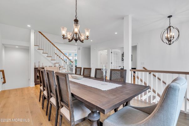 Chandelier, Dining room, Interior, Recessed Lighting, Wood Texture Flooring