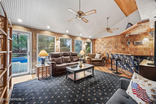 Interior, Living room, Recessed Lighting, Stone Walls