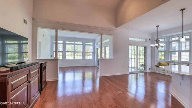 Chandelier, Empty room, Interior, Pendant Lights, Wood Texture Flooring