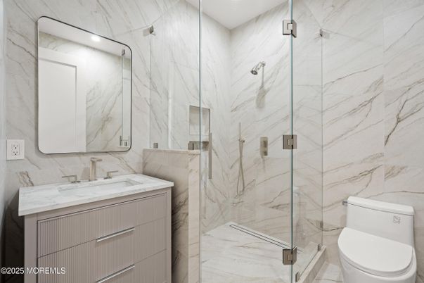 Bathroom, Glass Shower, Interior, Marble Walls, Recessed Lighting
