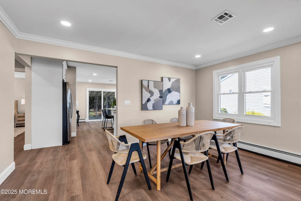 Dining room, Interior, Recessed Lighting, Wood Texture Flooring