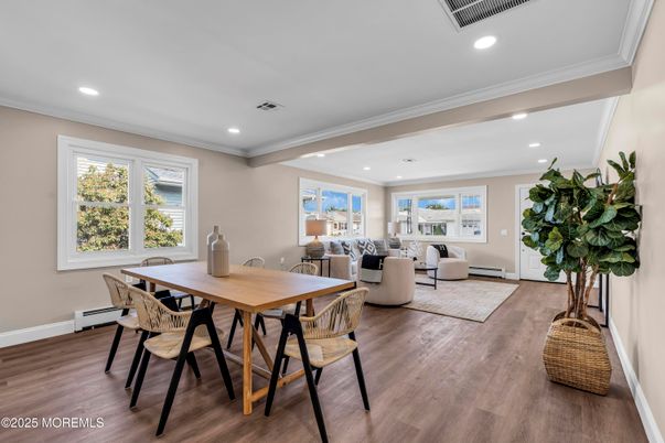 Dining room, Interior, Living room, Recessed Lighting, Wood Texture Flooring