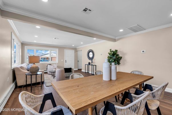 Dining room, Interior, Living room, Recessed Lighting, Wood Texture Flooring