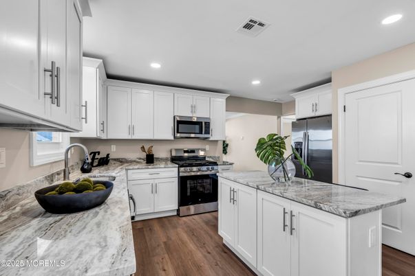 Interior, Kitchen, Recessed Lighting, Stainless Steel Appliances, Wood Texture Flooring