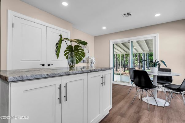 Dining room, Interior, Recessed Lighting, Wood Texture Flooring