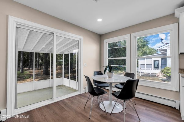 Dining room, Interior, Recessed Lighting, Wood Texture Flooring