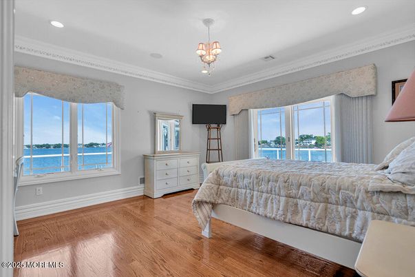 Bedroom, Chandelier, Interior, Recessed Lighting, Water, Wood Texture Flooring