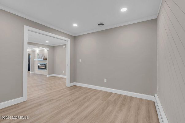 Empty room, Fireplace, Interior, Recessed Lighting, Wood Texture Flooring