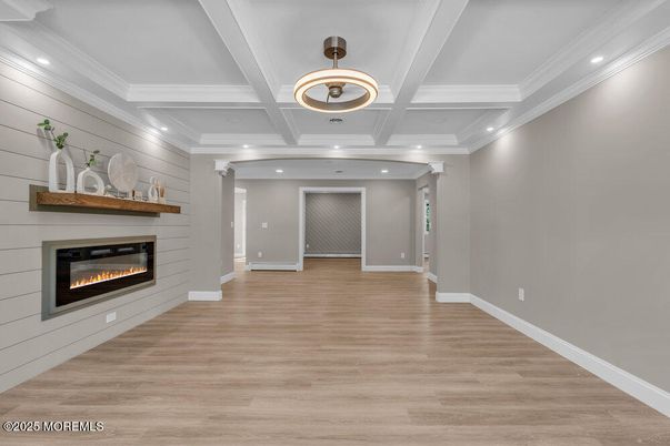 Empty room, Fireplace, Interior, Recessed Lighting, Wood Texture Flooring