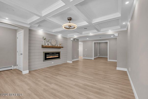 Empty room, Fireplace, Interior, Pendant Lights, Recessed Lighting, Wood Texture Flooring