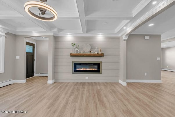 Empty room, Fireplace, Interior, Recessed Lighting, Wood Texture Flooring