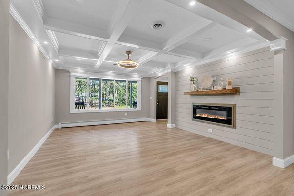 Empty room, Fireplace, Interior, Recessed Lighting, Wood Texture Flooring