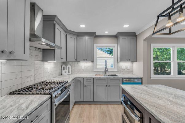 Interior, Kitchen, Recessed Lighting, Stainless Steel Appliances, Wood Texture Flooring