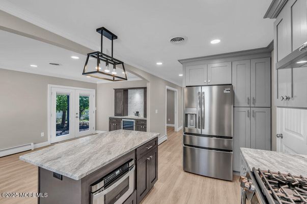 Interior, Kitchen, Pendant Lights, Recessed Lighting, Stainless Steel Appliances, Wood Texture Flooring
