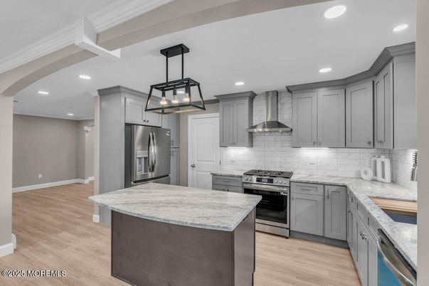 Interior, Kitchen, Pendant Lights, Recessed Lighting, Stainless Steel Appliances, Wood Texture Flooring