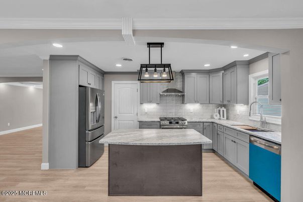 Interior, Kitchen, Pendant Lights, Recessed Lighting, Stainless Steel Appliances, Wood Texture Flooring