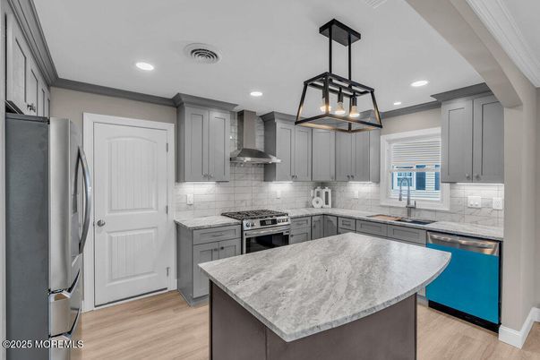 Interior, Kitchen, Pendant Lights, Recessed Lighting, Stainless Steel Appliances, Wood Texture Flooring