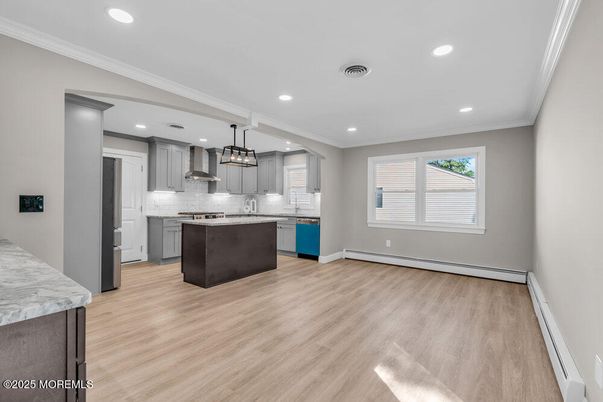 Interior, Kitchen, Pendant Lights, Recessed Lighting, Stainless Steel Appliances, Wood Texture Flooring