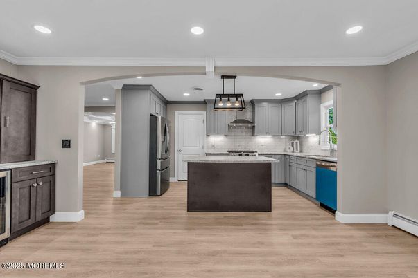 Interior, Kitchen, Pendant Lights, Recessed Lighting, Stainless Steel Appliances, Wood Texture Flooring