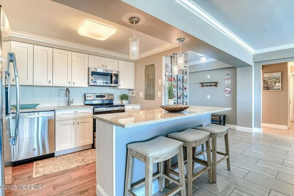Interior, Kitchen, Pendant Lights, Stainless Steel Appliances, Wood Texture Flooring